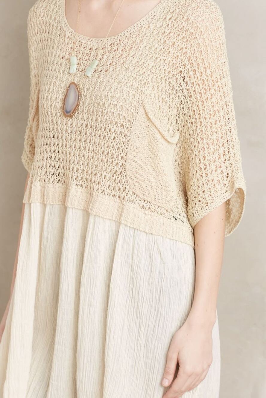 Mes Demoiselles Beige Cream Crochet Crinkle Mixed Media Boho Coastal Tunic Top L
